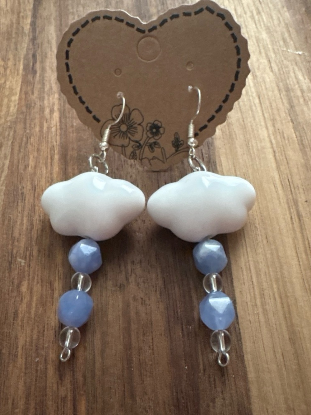 Handmade White Cloud Dangle Earrings with Aquamarine Raindrops